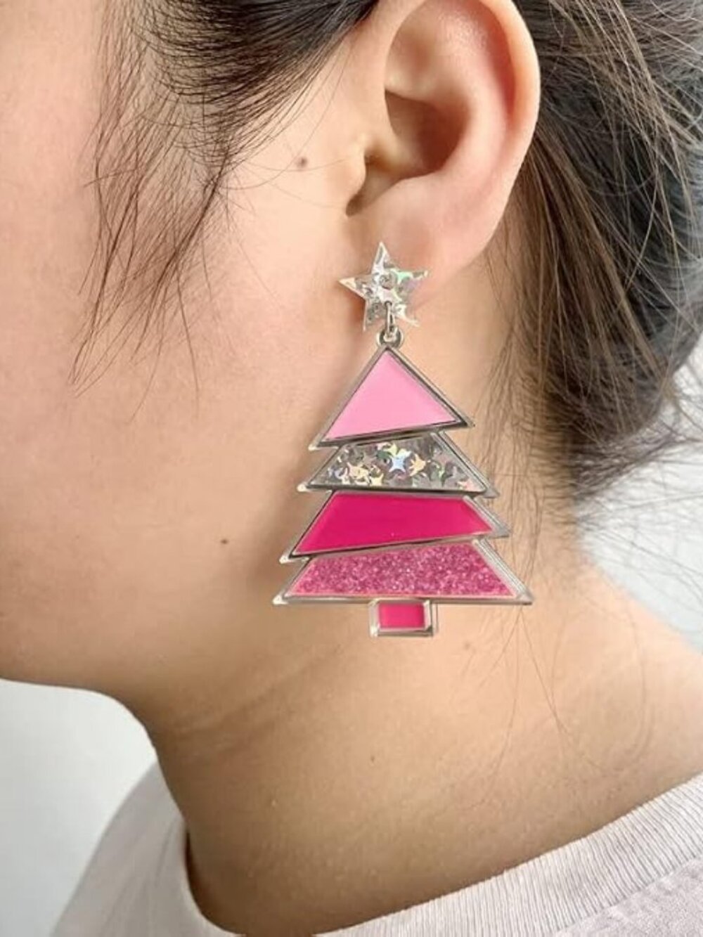 Christmas Tree Glitter Dangle Earrings – Lightweight Acrylic Holiday Jewelry